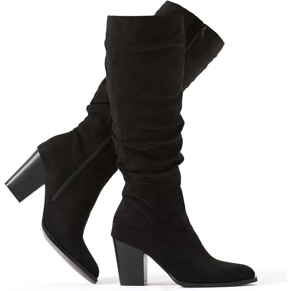 Women's Black Pointed Toe Faux Suede Slouch Chunky Heel Knee High Boots